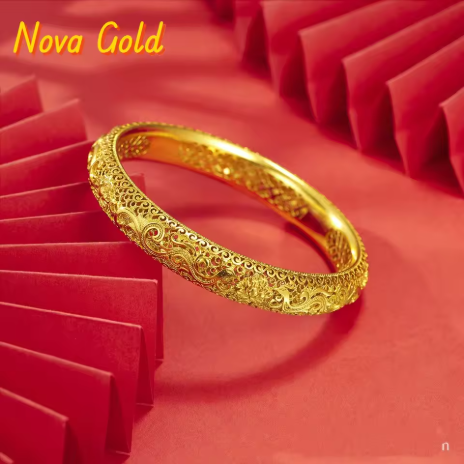NovaGlod 9999 24K純金框架型結婚新娘手鍊，輕奢復古風格女手鍊