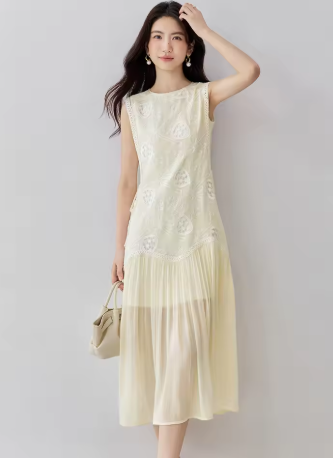 SENTUBILA 女士刺繡花朵連衣裙，2026 春夏細肩帶連衣裙，優雅假日無袖短款，女裝 Q52LO16